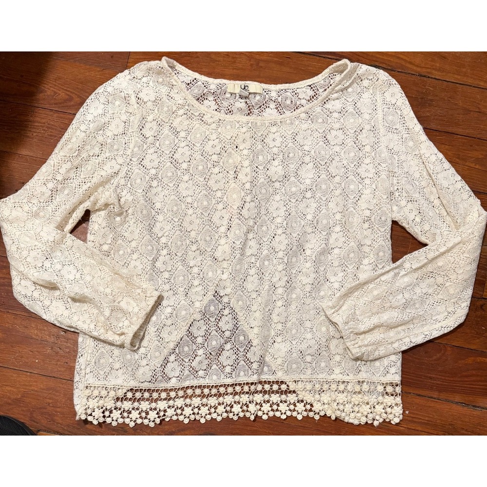 Cream Floral Lace Split Back Button Top Long Sleeve Crochet Hem YL11256 Large